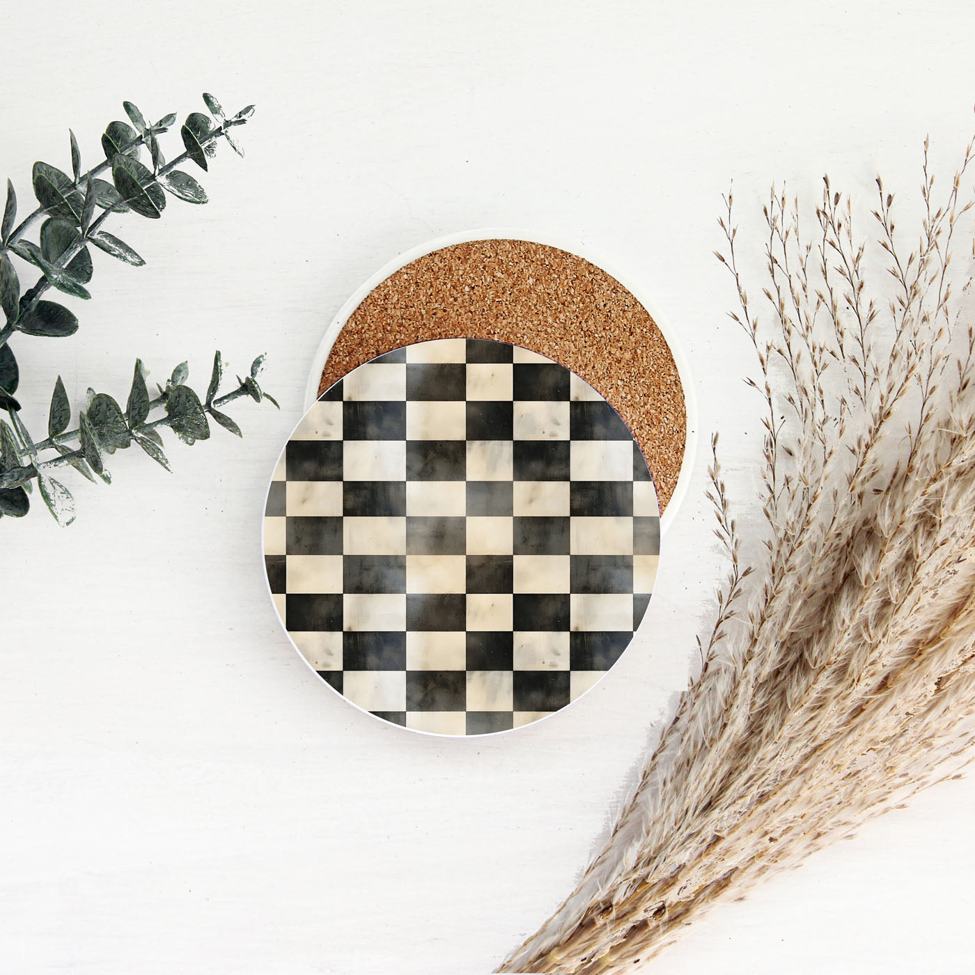 Courtly check coasters styled with eucalyptus and pampas grass
Designer black and white coasters in modern farmhouse setting
Luxury checkered coasters for elegant table settings
Black and white check coasters for sophisticated entertaining
Vintage inspired check pattern coasters for home decor